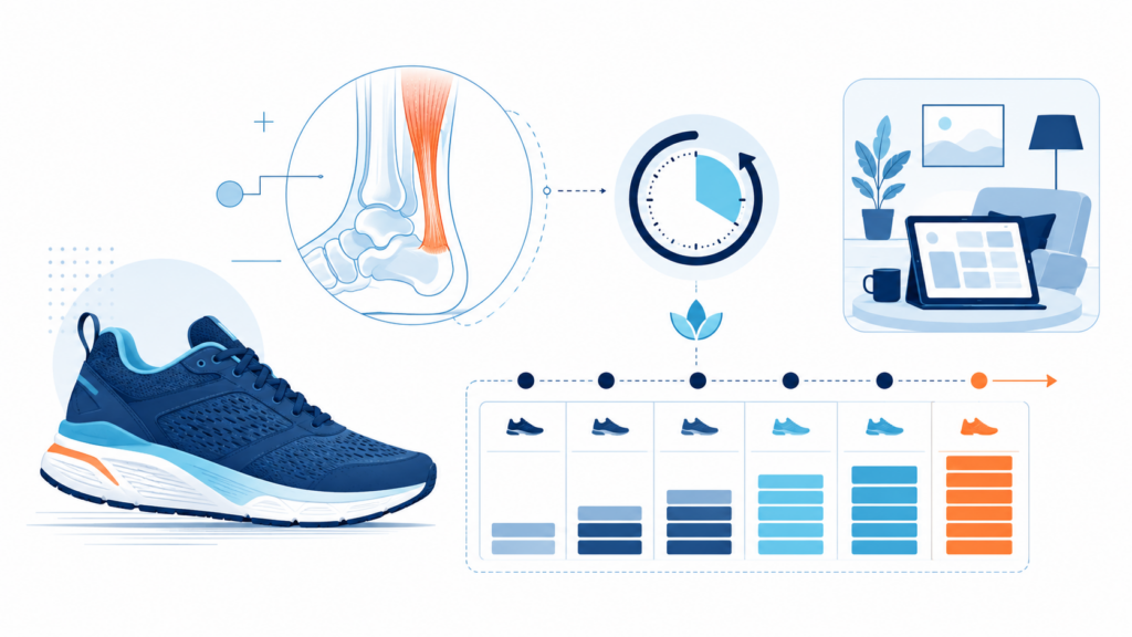 Chaussure, schéma du tendon d’Achille et calendrier de reprise progressive avec une interface numérique discrète.